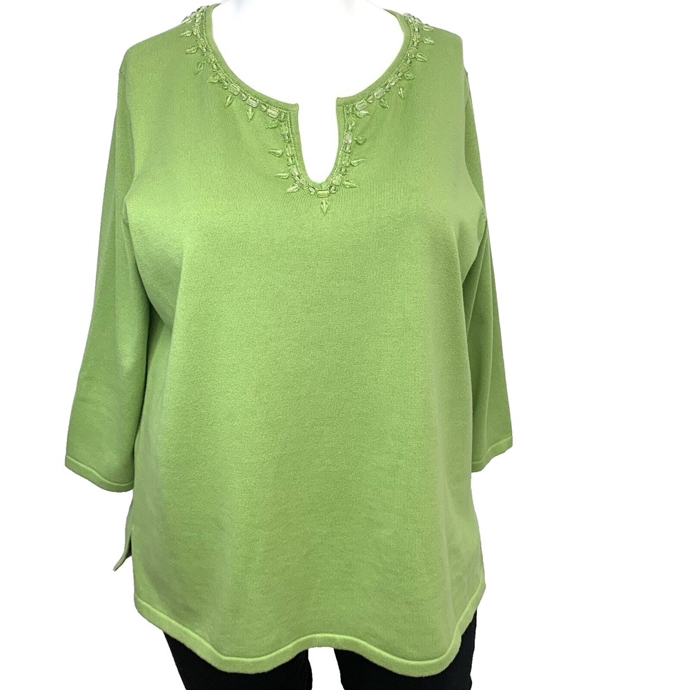 Jones NY Signature Rib Knit Green Beaded V Neck Sweater 3/4 Sleeve Woman 3X